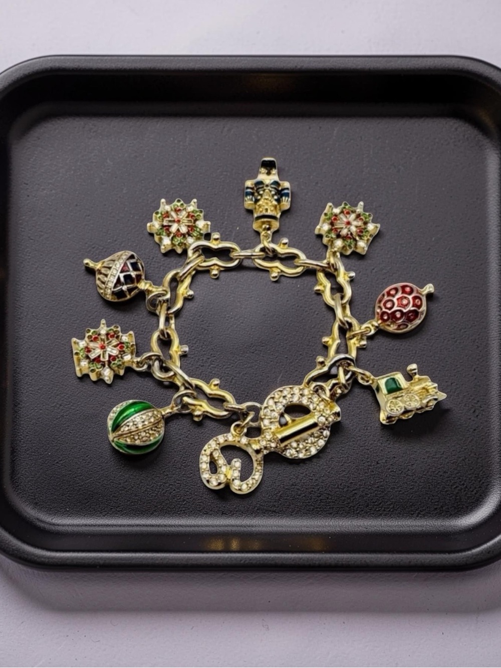 Vintage 1990s St. John Christmas Holiday Charm Bracelet ~Enamel & Crystal 7.25”